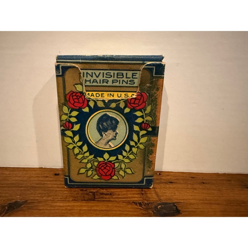 Vintage New England Pin Co Invisible Hair Pins Box Antique Gibson Girl Rose Art